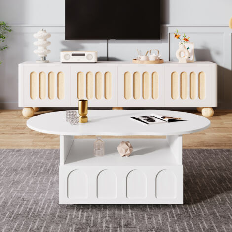 Table basse blanche 100 cm forme nuage avec tiroir push et niche ouverte