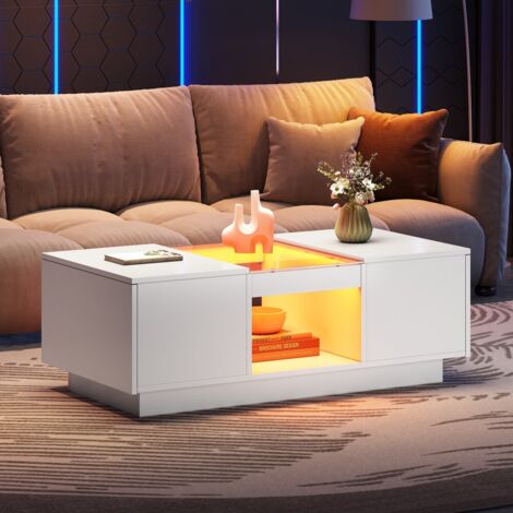 Table basse blanche 100x50x35,5 cm plateau verre, 2 tiroirs + rangement ouvert, éclairage LED contrôlable par appli, design moderne pour salon/séjour