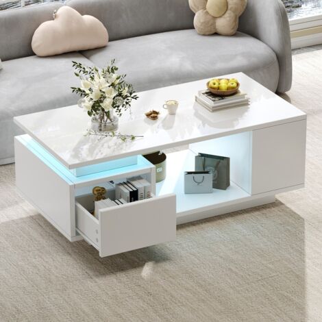 Table basse blanche 100x50x36 cm avec tiroir, 4 rangements latéraux, LED laquée et ajouré
