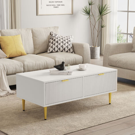 Table basse blanche avec 2 tiroirs, table de salon, 100x50x40 cm