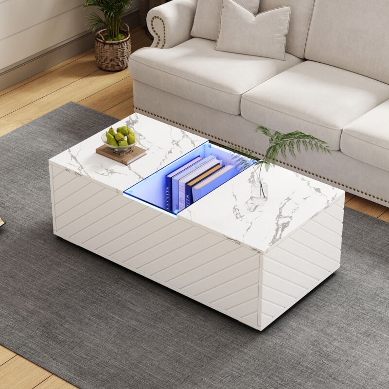 Table basse blanche avec éclairage led et 2 tiroirs, aspect marbre, élément en verre, 100x50x35 cm