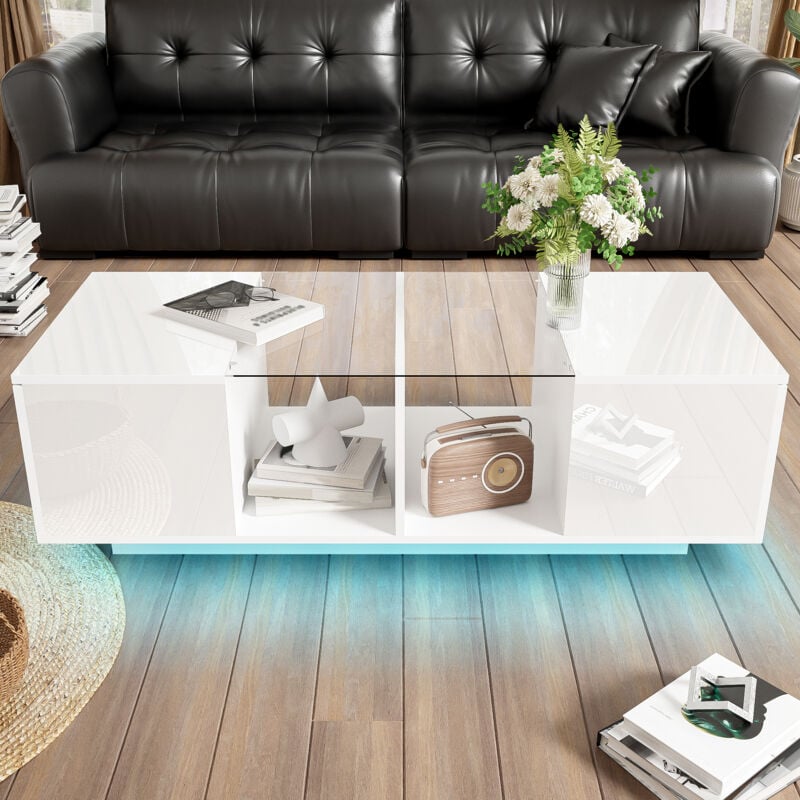 Okwish - Table basse blanche avec éclairage led, plateau brillant