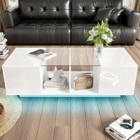 Table basse blanche avec éclairage LED, plateau brillant