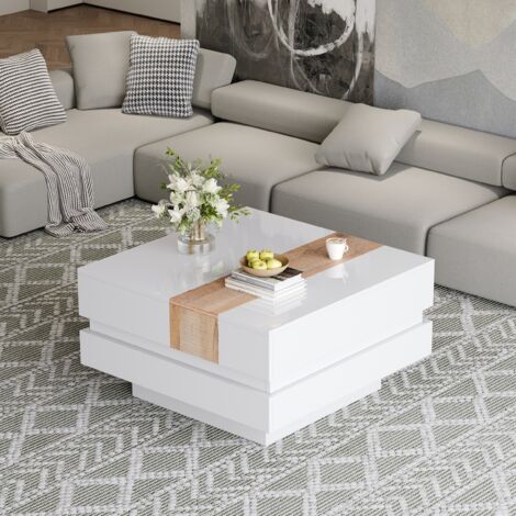 Table basse blanche brillante 70x70x39 cm extensible avec rangement caché et séparateurs, design carré moderne pour salon/séjour - fonctionnalité pratique