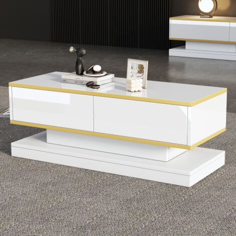 Table basse blanche brillante avec 2 grands tiroirs, table basse blanc chaud + bord doré, 100x50x38 cm
