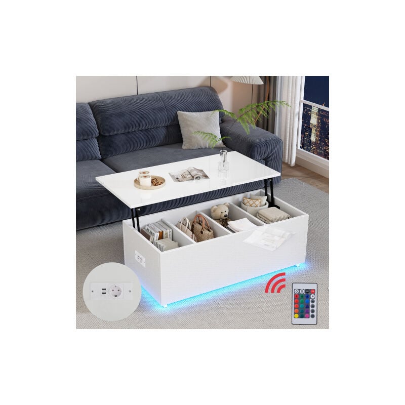Wishdor - Table basse blanche brillante avec éclairage led, plateau de rangement relevable, panneaux de particules, 100x50x35 cm, capacité de charge