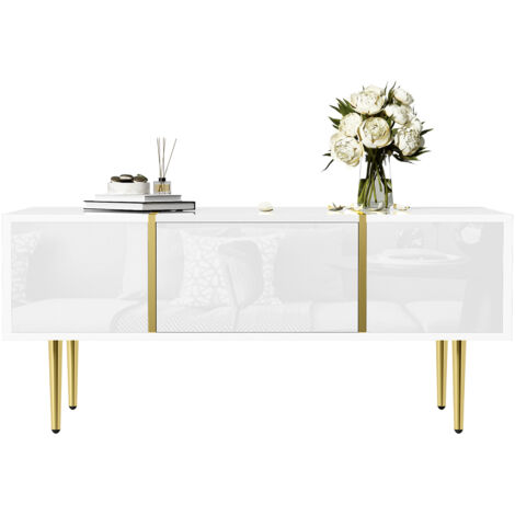 Table basse blanche brillante, moderne et épurée, avec 2 tiroirs