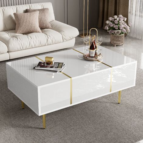 Table basse blanche brillante, table d'appoint, avec 2 tiroirs, 100x60x42 cm