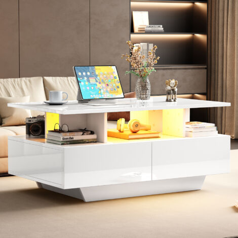 Table basse blanche brillante, table d'appoint avec éclairage LED et 2 tiroirs, 90x55x41 cm
