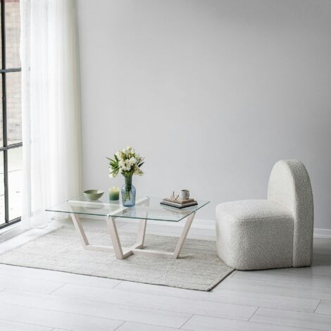 Table basse blanche design - verre trempé, pied croisé LHASA