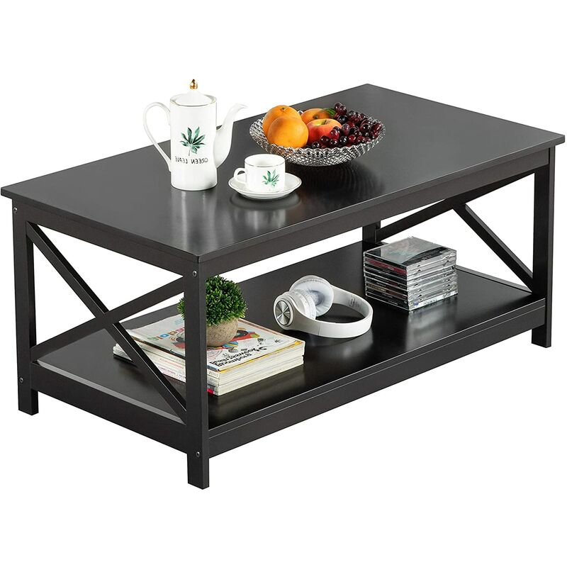 Merax - Table basse laqué noir design X moderne, table d'appoint en bois avec étagère de rangement