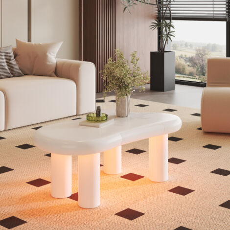 Table basse blanche en forme de nuage avec éclairage LED et espace de rangement, 98x66x40 cm