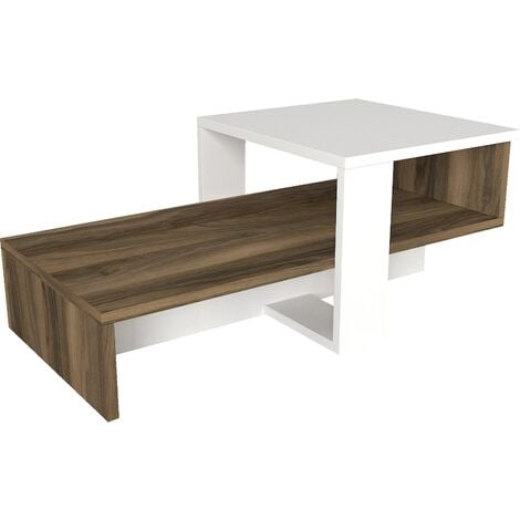 Table Basse Blanche et Noyer avec Rangement, 80x16,3x43,6 cm et 40x32,6x43,6 cm, Pour Salon ou Chambre