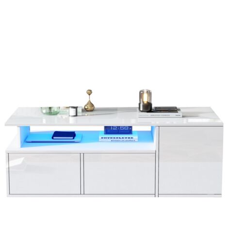 Table basse blanche-LED-2 tiroirs-rangement-capacité 60kg-table salon-canapé-100x50x35cm