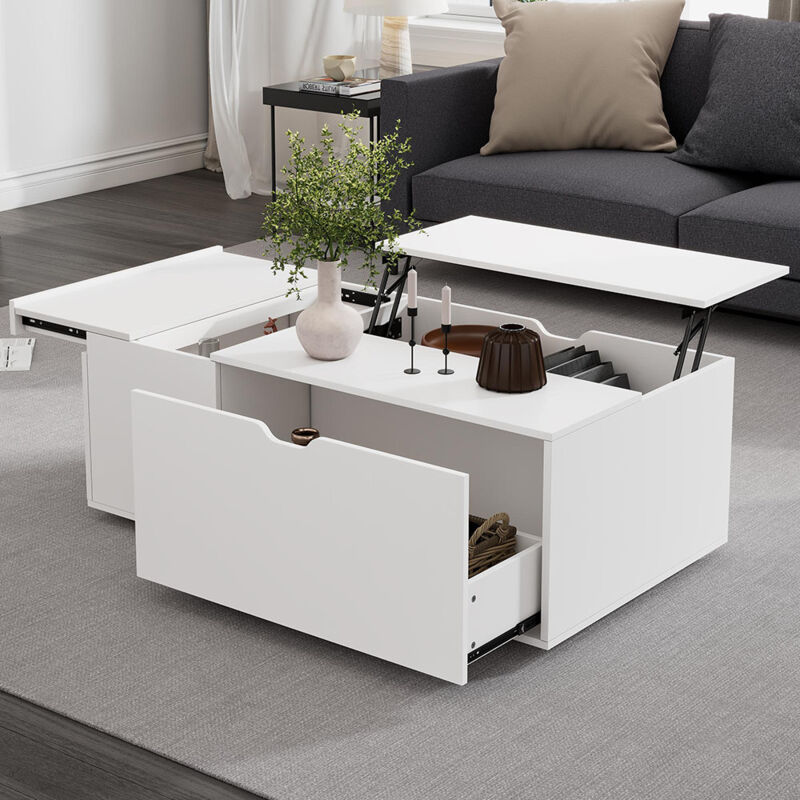 Gutent - Table basse blanche multifonction – Tiroirs et portes coulissantes, plateau relevable