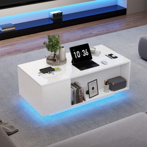 Table basse blanche réglable 100x50x40 cm - LED, tiroir et rangement intégré, design multifonction pour salon