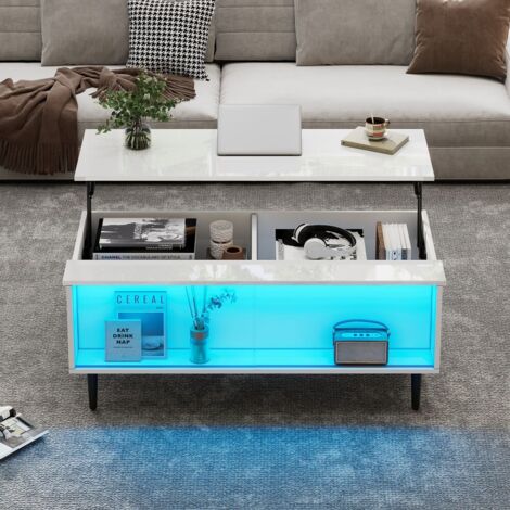 Table basse blanche réglable 105x50x43 cm avec LED, rangement caché et plateau verre trempé, 4 pieds stables - design moderne pour salon
