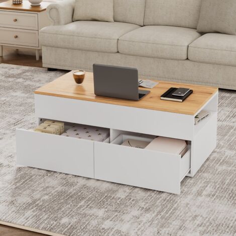 Table basse blanche réglable hauteur 100x50x40cm avec rangement caché, 2 tiroirs et espace ouvert, multifonction pour canapé, salon, design moderne et pratique