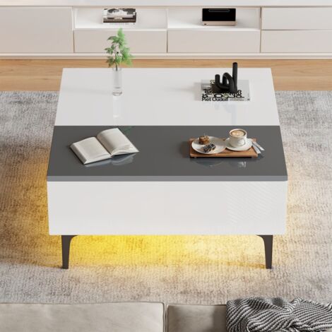 Table basse blanche réglable hauteur 70x70x35cm avec rangement caché, étagères, tiroirs et éclairage LED, multifonction pour salon et canapé design moderne