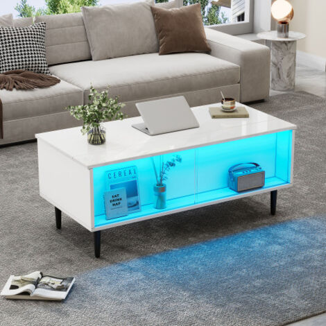 Table basse blanche relevable avec éclairage LED et surface d'exposition en verre trempé,105 x 50 x 43 cm