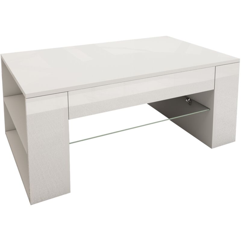 ML-Design Table Basse de Salon, 100x42x60 cm, en Blanc Mat/Brillant, avec Étagère en Verre et 4 Compartiments sur les Côtés, Panneau Mélaminé, Table
