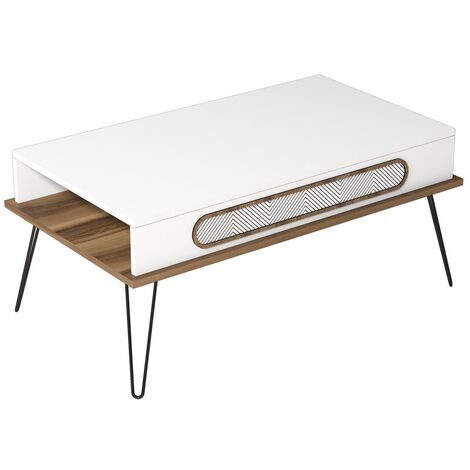 Table basse bois blanc et pieds acier noir Koban 105cm
