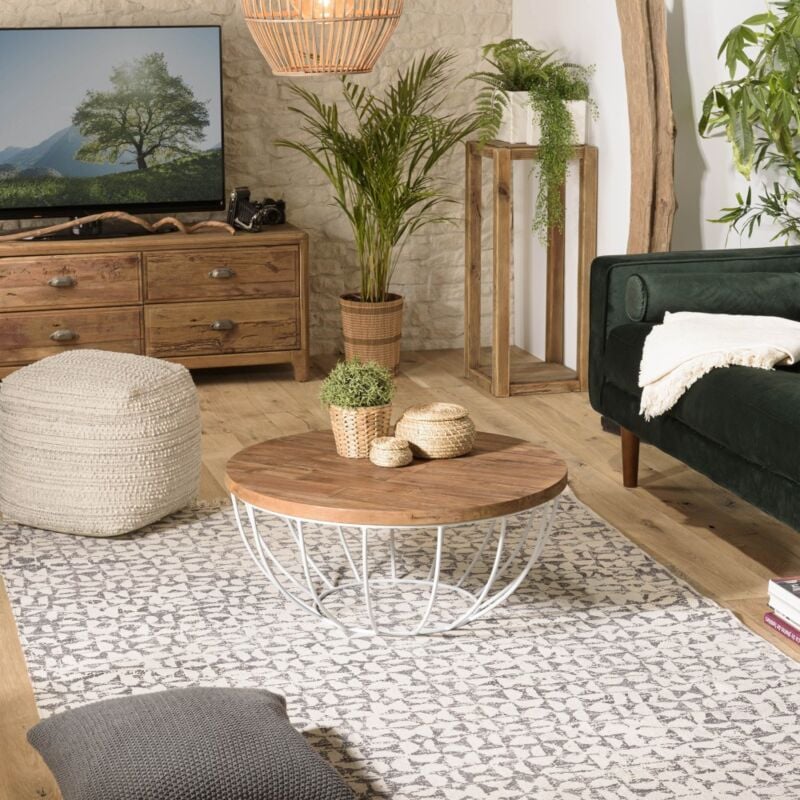 Macabane - alida - Table basse coque ronde 80x80cm plateau teck recyclé piétement métal blanc