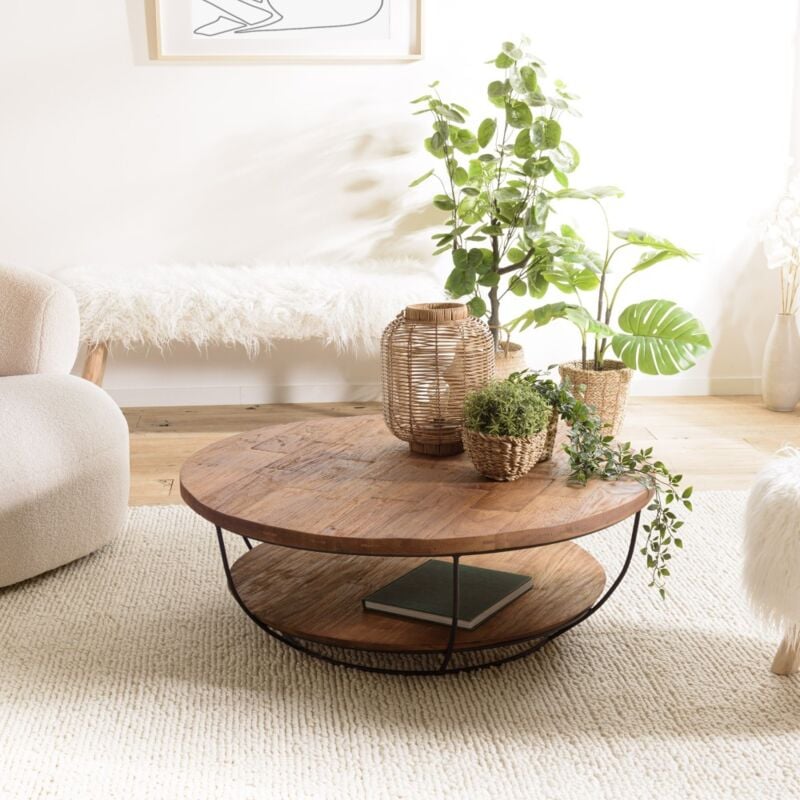 Macabane - alida - Table basse coque ronde 100x100cm double plateau teck recyclé métal noir