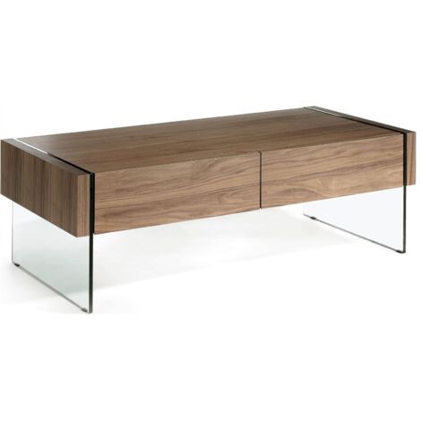 Table basse bois côtés en verre trempé 2 tiroirs fermeture poussoir et amortisseur. - Noyer, transparent