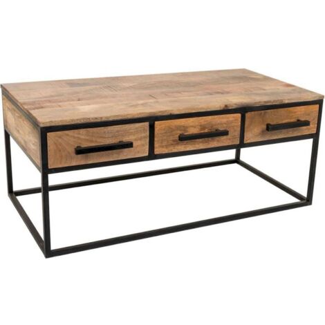 Table basse bois et métal avec tiroirs style industriel chic - bois naturel et métal noir