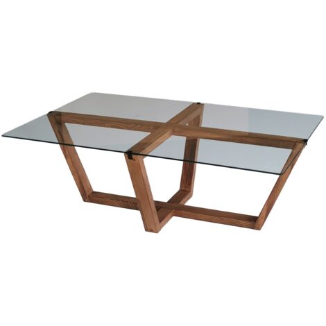 Table basse bois noyer mélaminé et verre trempé Mouka 105cm