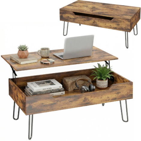 Table basse bois rectangulaire avec grand rangement secret, hauteur ajustable, 95x50x40 cm, marron rustique