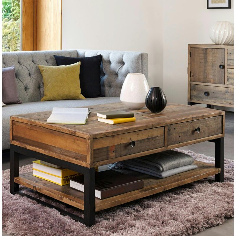 Table basse bois recyclé double plateau 2 tiroirs brisbane