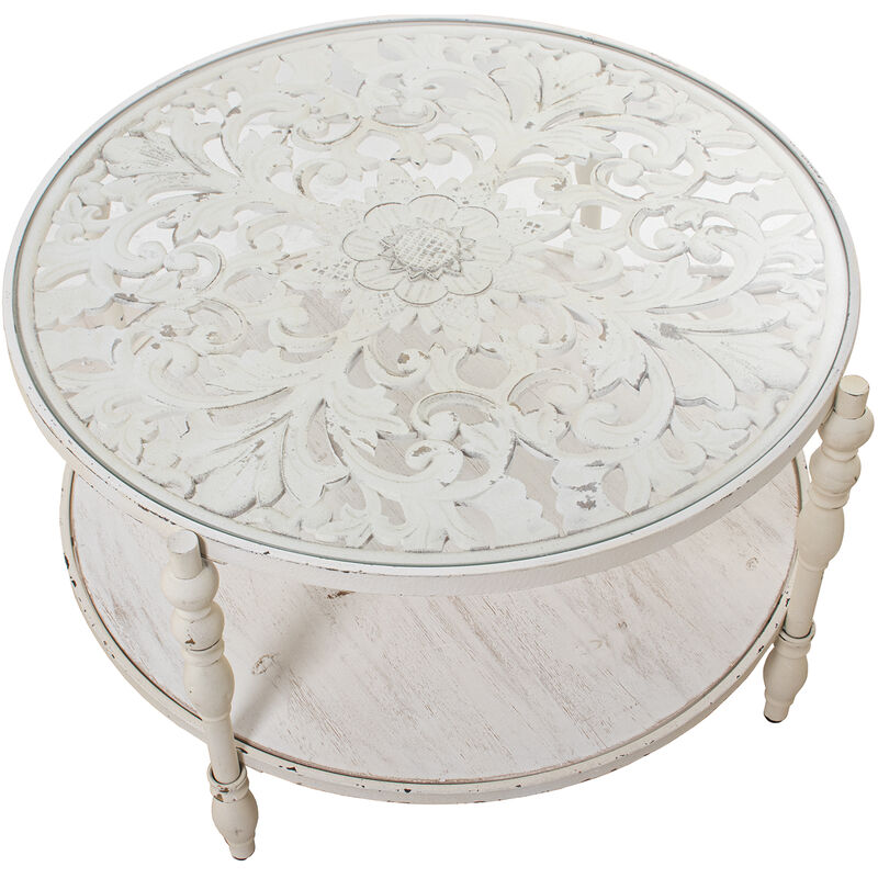 Fijalo - Table de Centre en Bois Sculpté + Etagère Inférieure Blanc Vieilli °81X49 Cm, Sapin + Verre
