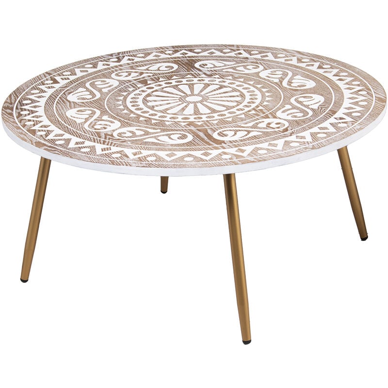 Table basse bois sculpté naturel/blanc pieds métal doré °90X42CM, bois MDFpour tous les styles pour ajouter une touche à la maison
