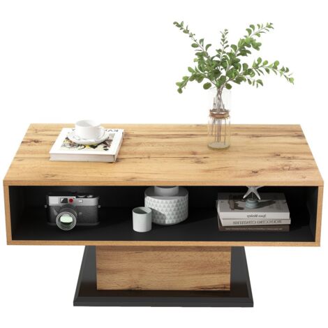Table basse bois veiné avec tiroir sans poignée - Double rangement (face/arrière) - Design moderne pour salon - 2 compartiments pratiques