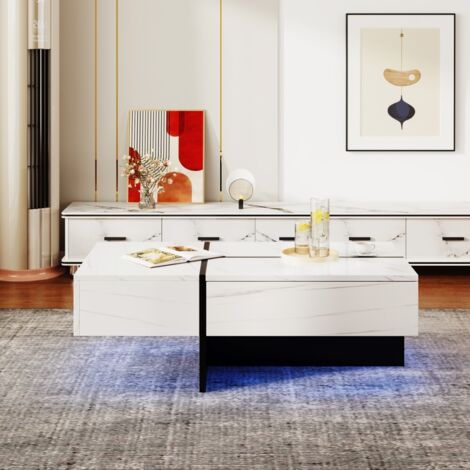 Table basse brillante 100x50x34,5 cm avec éclairage LED (appli), effet pierre blanc/noir et structure métal - salon moderne