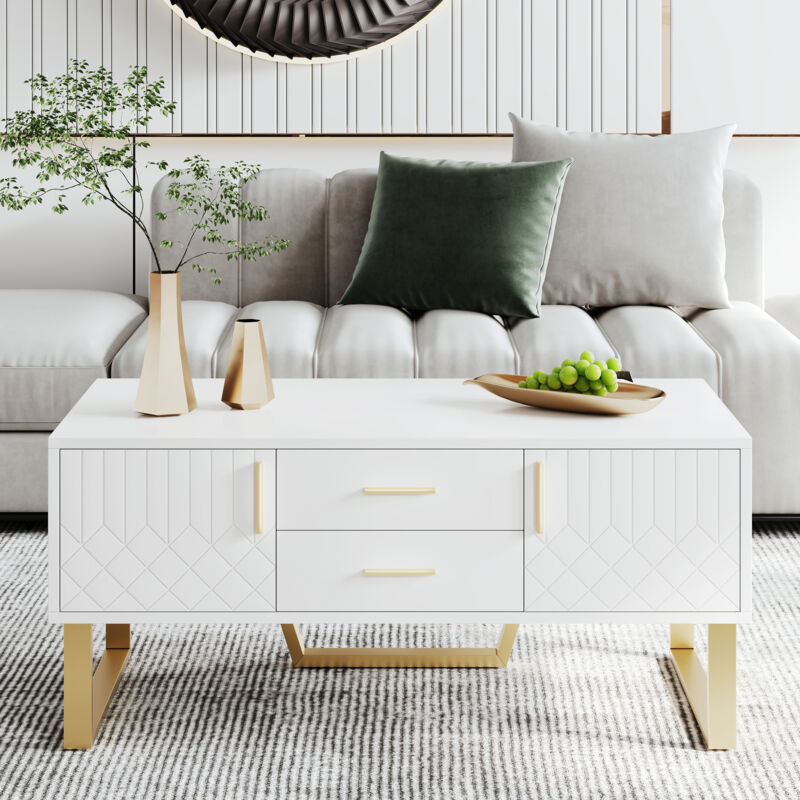 Table basse brillante avec 2 tiroirs + 2 portes, poignées et pieds dorés, blanc