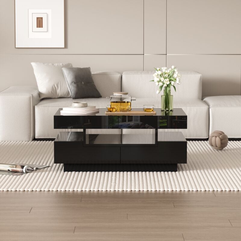 aiebnf - table basse brillante avec 4 tiroirs - table basse fixe avec barre lumineuse led, rangement, design moderne, 80 x 50 x 36 cm - noir
