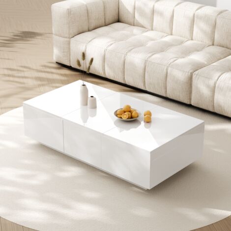 Table basse brillante avec structure push-pull et tiroirs double face, design moderne pour salon - rangement pratique et fonctionnel