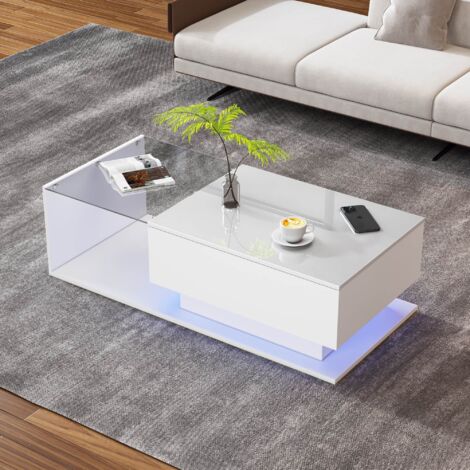 Table basse brillante moderne avec LED 100 x 50 x 32 cm Table de salon avec tiroir et Rangement ouvert plateau en verre trempé Blanc