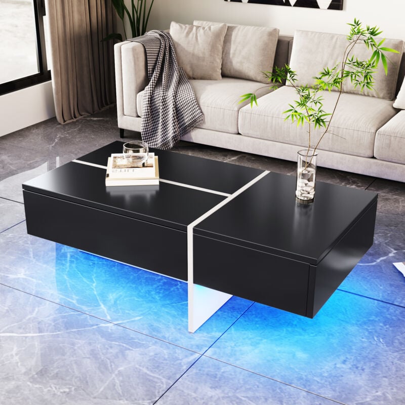 Table basse noire brillante, table de salon avec éclairage LED, 100x50x34,5 cm
