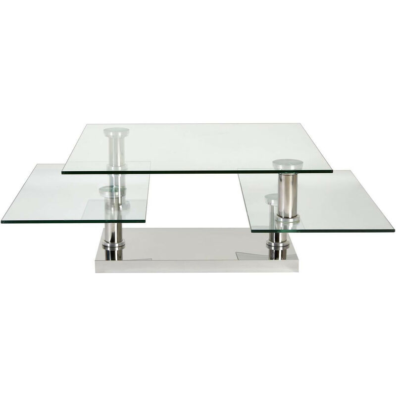 Table basse carrée acier chromé et plateaux pivotant verre trempé Vintaz 80 cm