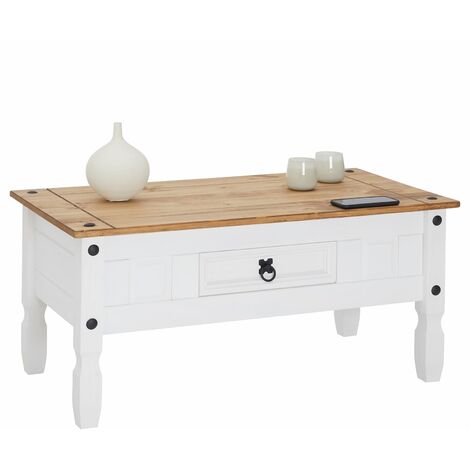 Table basse CAMPO table d'appoint rectangulaire en pin massif blanc et brun avec 1 tiroir, meuble de salon style mexicain en bois - Blanc/Brun