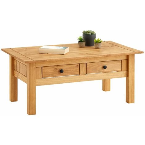 Table basse CANCUN avec 2 tiroirs, en pin massif finition teintée/cirée