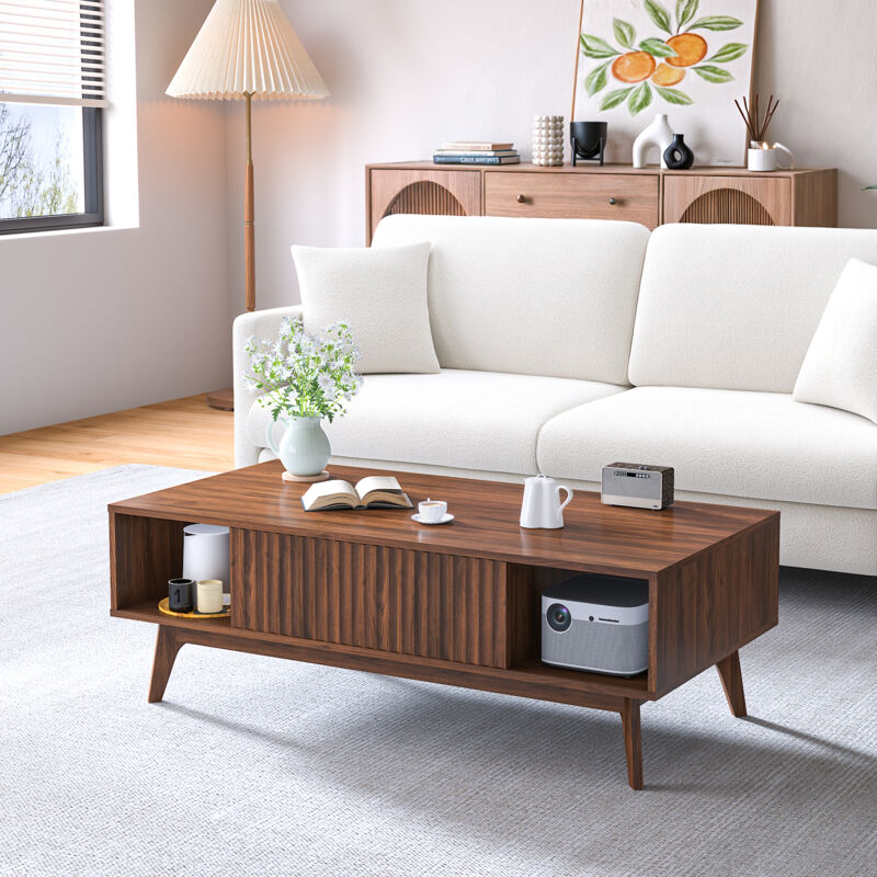 Neche - Table basse cannelée avec rangement Moderne,2 Tiroirs symétriques + 2 étagères ouvertes et pieds en bois massif,100x55x40cm,Noyer