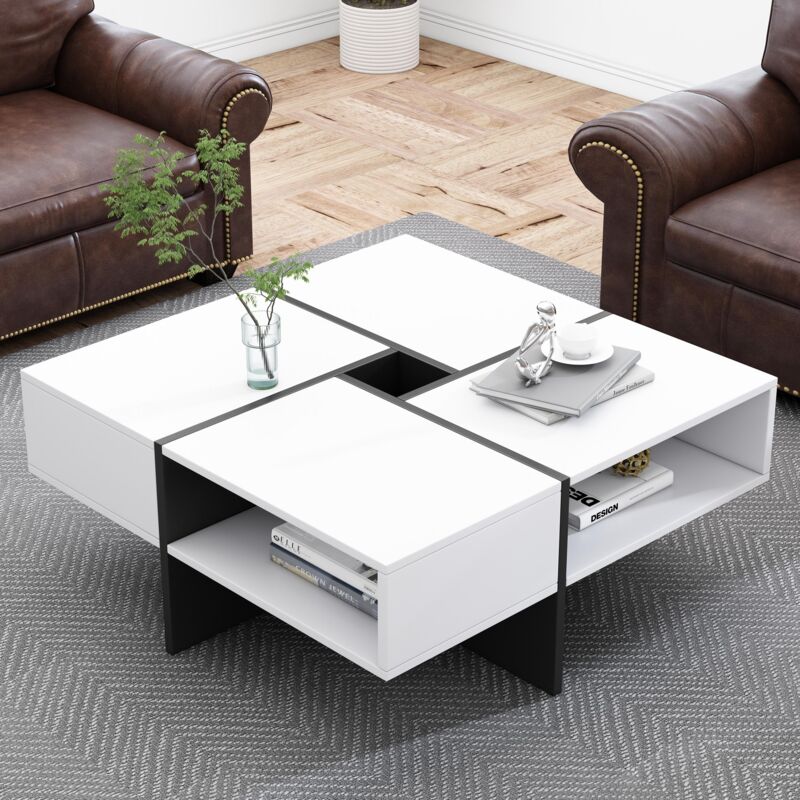 Modernluxe - Table basse carré - 5 compartiments de rangement - Blanc