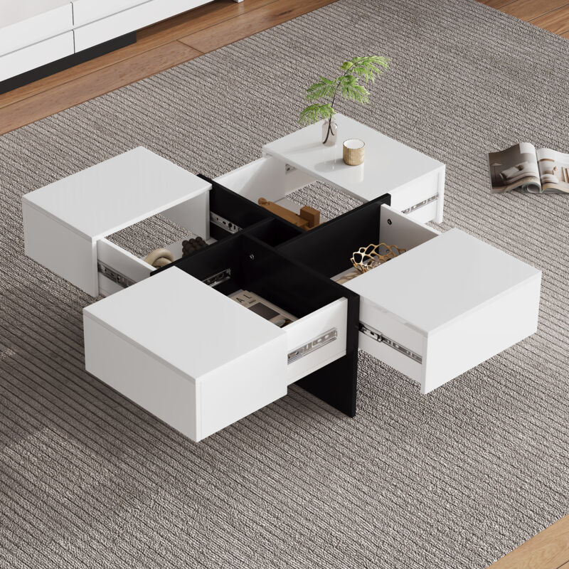 Modernluxe - Table basse carré - 4 tiroirs - en panneaux de particules - Blanc