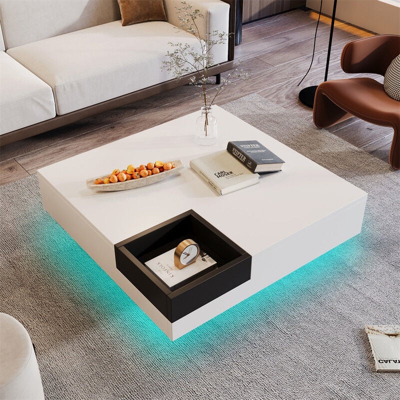 Fortuna Lai - Table basse led carré 72x72x30 cm, table de salon, table d'appoint avec boîte de rangement amovible, coloris blanc
