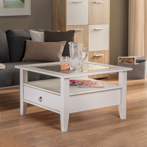 Table basse carré 75 cm en pin massif blanc - FREJUS